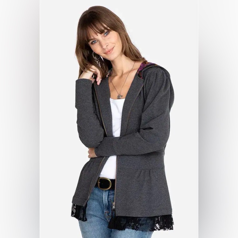 Johnny Was Jade Jina Peplum Hoodie Silk Lined Lace Trim Boho Luxury Size S